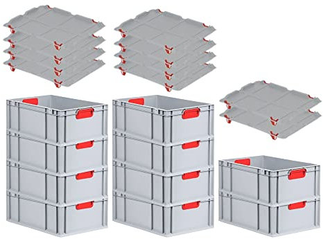 PROREGAL SuperSparSet 10x Eurobox NextGen Color mit Auflagedeckel & Schiebeschnappverschlüsse, HxBxT 22x40x60cm, 44L, Griffe rot geschlossen, Verstärkter Boden, Eurobehälter Transportbox