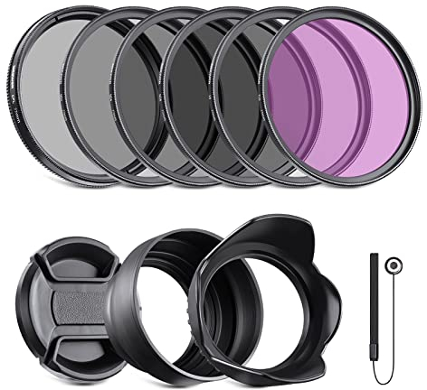 NEEWER 77 mm ND2 ND4 ND8 UV CPL (Zirkular-Polarisierung) FLD-Filter und Objektivzubehör-Set mit Objektivdeckel, Tulpen-Sonnenblende, zusammenklappbarer Gummi-Gegenlichtblende, Filtertasche,