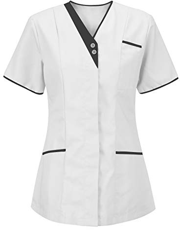Kasacks Damen Pflege Günstig Einfarbig Kurzarm V-Ausschnitt T-Shirt Tops mit Taschen Schlupfhemd Arbeitsuniform Pflegebekleidung Kasack Krankenpfleger Uniform Pflegeheim Nurse Berufskleidung Tops