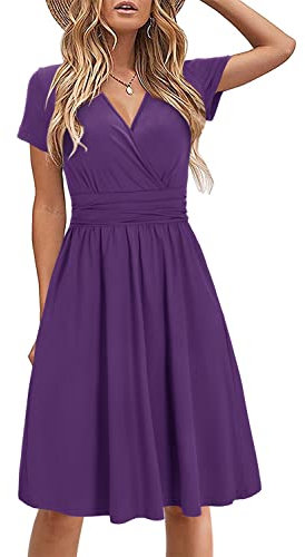 STYLEWORD Damen Sommerkleid Kurzarm V-Ausschnitt Kleider Einfarbig Kleid Strandkleid Mit Taschen(Violett,klein)