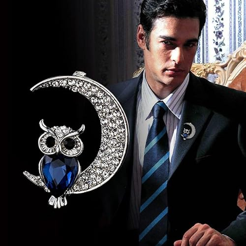 Cristal lune hibou broche strass croissant broche épinglettes pour femmes hommes (Bleu)