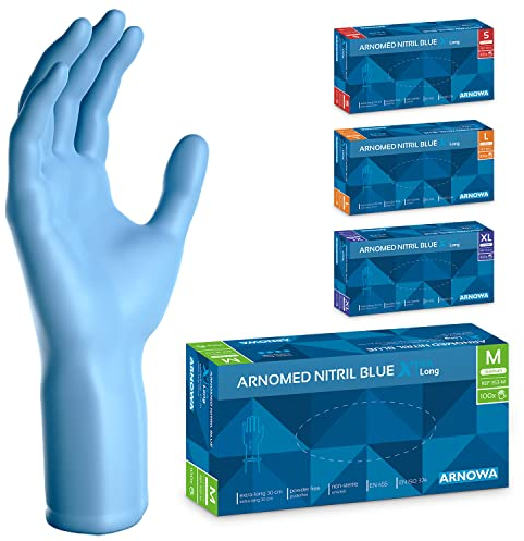 ARNOMED Einweghandschuhe Blau Extra Lang, 30cm Lange Einmalhandschuhe in M, Nitrilhandschuhe Einweg Extra Dick, 100 Stk/Box, Gummihandschuhe Lang Einweg, Nitrilhandschuhe Langer Schaft in S, M, L & XL