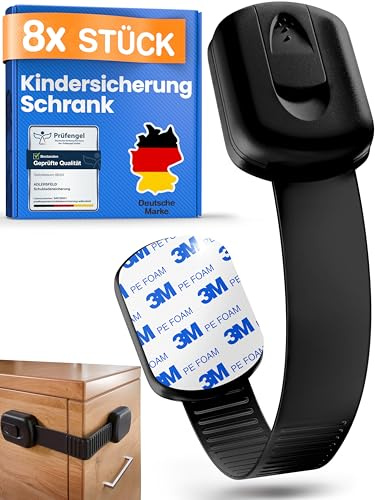 ADLERSFELD 8x Kindersicherung Schrank - (Mit 3M Kleber) Schranksicherung Baby - Längenverstellbar - Schubladensicherung Baby für Schränke, Kühlschrank, Tür - Kindersicherung Schubladen Kinder Schwarz
