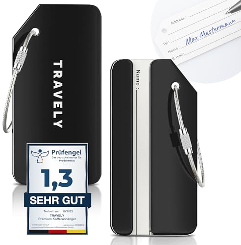 Travely Premium Kofferanhänger - leicht Erkennbar, Robust & Sicher - inkl. Namensschild und Privatsphäre Schutz I Vielseitig und Praktische Adressanhänger, Namensanhänger & Gepäckanhänger