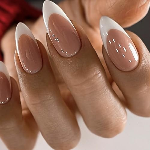 Maggidea French Tip Press On Nails, 24pcs Strong Almond Nude With Glue, Elegant White Tips Design for Women Girls (Almond-Nude)