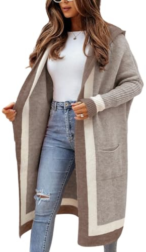 chouyatou Women's Color Block Vertical Striped Open Front Oversized Hooded Long Cardigan Sweaters with Pockets (Small, Apricot Khaki)