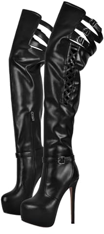 blingqueen Stivali sexy da donna con plateau sopra il ginocchio a spillo, Poliuretano nero., 43 EU
