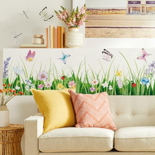 Runtoo Stickers Muraux Herbe Verte Coin Plinthe Autocollant Mural Fleurs Papillon Deco Stickers Chambre Enfants Bébé Salon Cuisine Décoration
