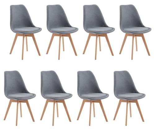 EGGREE 8er-Set Skandinavische Esszimmerstühle, SGS-getestet, Küchenstühle aus grauem Leinen, Kissen aus grauem Leinen, Beine aus massivem Buchenholz