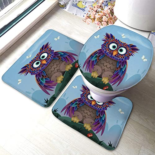 rutschfeste 3 Badteppich Set Niedliche Bunte Eule rutschfeste Fußmatte Set Waschbar Badteppich, Für Wohnzimmer, Badezimmer