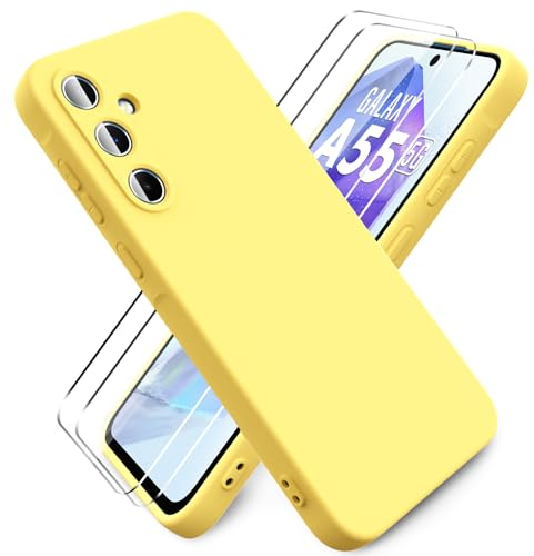 Ikziwreo - Hülle für Samsung Galaxy A55 5G Handyhülle, mit 2 Stück Displayschutzfolien, Reiner Farbe Ultradünne Weich Silikonhülle, Stoßfeste Anti-Scratch Gummi Schutzhülle - Gelb