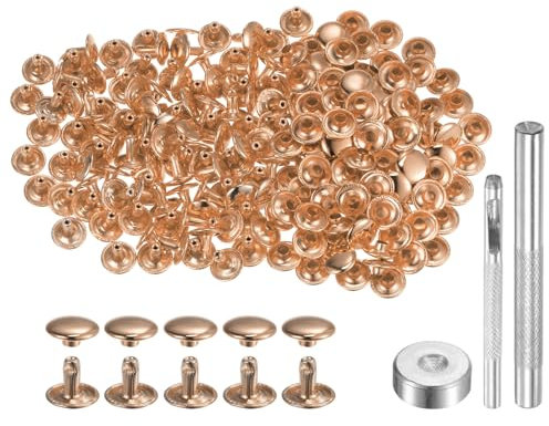 QUARKZMAN 100 Juego Cuero Remache 8 x 10mm de Metal con Doble Tapa Broches de Presión y Herramientas de Instalación para Cuero Manualidades Reparación Decoración Tono Dorado Claro