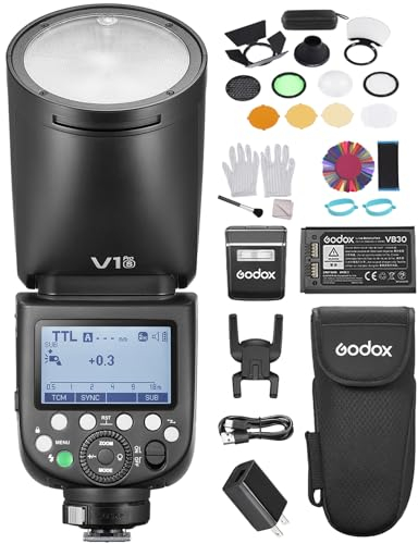 GODOX V1PRO S kabellose Blitzgeräte Kamerablitz+AK-R1 Kit +24 Stück Kamerablitzgels 1/8000 s HSS, M/TTL-Blitzmodus 1,3 s Wiederaufladezeit unterstützt Typ-C-Stromversorgung für Sony Kameras
