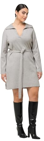Ulla Popken Damen große Größen Übergrößen Plus Size Strickkleid, Gürtel, Hemdkragen, V-Ausschnitt, Langarm metallgrau 50+ 824517160-50+