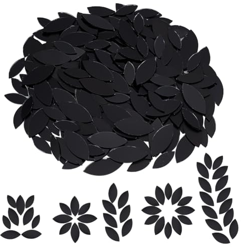 OLYCRAFT 200 Stück Schwarze Blattform Bastelspiegel Kleine Spiegelfliesen Antihaftbeschichtete Mini Glasspiegelfliesen Minispiegel Für Bastelarbeiten Wand Tür Heimdekor - 25x10mm Und 35x15mm