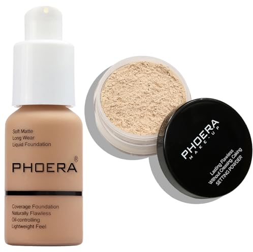 PHOERA Foundation, PHOERA Gesichtspuder, Soft Focus Setting Puder, PHOERA Foundation Make-up für Frauen, PHOERA Full Coverage Foundation (105 Sand+N.02 Cool Beige)