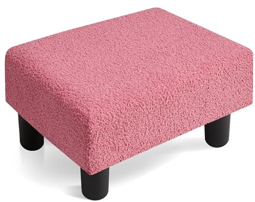 BRIAN & DANY Foot Stool Teddy Fleece, Footstool for Living Room, Small Sherpa Fabric Stool Ottoman with Legs for Entryway, Pink