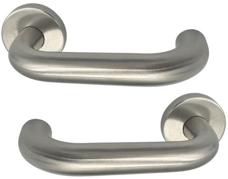 Durabull - Internal Door Handles - Pair of Premium Brushed Chrome Finish, Modern D Shape Lever Design Door Handles, Rose Fixture, Includes Keyhole Cover & Screws. (Brushed D Shaped)
