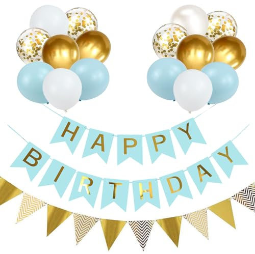 Luftballons Geburtstag Dekoration Set, Macaron blau weiße Geburtstagsdeko Happy Birthday deko Banner Party Deko Geburtstag Set mit Luftballons Konfetti Ballons Dreiecksflaggen Girlanden(BL+SJQ)