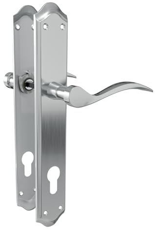 Amig - Juego de Manillas con Placa para puerta - Maneta con Bocallave - Mod. BETA PB85 - Acero - 256 x 48 mm - Cuadradillo de 8 mm - Cromado mate