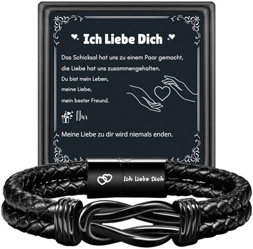 TERRISHE Herren Armband Gravur “Ich Liebe Dich” Schwarz Leder Armband Geschenk für Meinen Mann Liebhaber Weihnachtsgeschenke Geburtstagsgeschenk für Meinen Mann