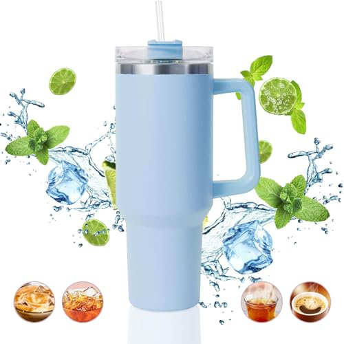 ALOUFEA Travel Mug Coffee Cup 40oz Tumbler Straw Lid and Handle, Stainless Steel Insulated Water Bottle - Leakproof, Insulated Water Bottle with Handle and Straw Cup for Home, Office, Car, Travel