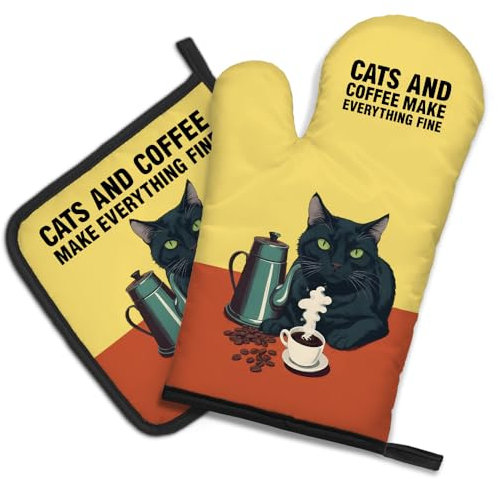 DYJYBMY Cats and Coffee Make Everything Fine Funny Cat Oven Mitts and Pot Holder Set, Funny Kitchen Gadgets for Women Coffee Lover, Bake Lover Gifts for Hostess, Cat Lover Gifts for Mom Sister BFF