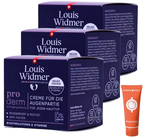 Louis Widmer proderm Creme für die Augenpartie unparfümiert 3x 30 ml I intensiv Anti-Ageing I Feuchtigkeit I regenerierend I für empfindliche Haut mit Panthenol I Spar-Set plus Pharma give-away
