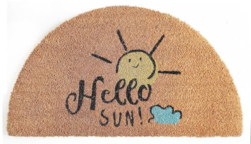 Zerbino art KERA IN 100% fibra di cocco naturale con stampe fantasiose tappeto ingresso casa asciuga passo con retro pvc antiscivolo per esterno e interno (Hello sun, Mezzaluna)