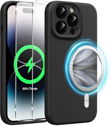 Xiltlly Coque Magnétique en Silicone pour iPhone 14 Pro Max 6,7 Pouces avec 2 Verre Trempé,Compatible avec MagSafe Aimants Intégrés,Étui Housse Antichoc Anti-Rayures Case pour iPhone 14 Pro Max,Noir