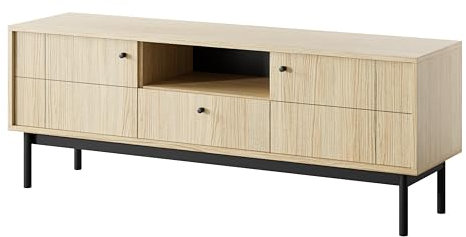 3xE Living TV-Schrank mit Schublade und Türen – Linea-Eiche, Schwarze Holzbeine – 153,5 x 56,5 x 39 cm – Japandi-Stil