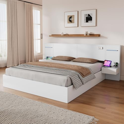 Pangshiyuan Doppelbett 180x200cm mit USB-Anschluss, Bluetooth-Lautsprecher, Farblichtleiste, Elektronischer Uhr, 2 Nachttische, Holzbett, Weiß