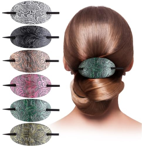 Lot de 6 pinces à cheveux ovales en simili cuir avec bois style rétro bohème pour femmes et filles