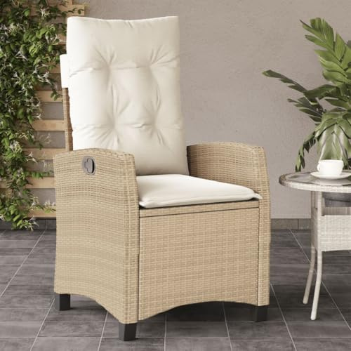 Makastle Gartensessel mit Verstellbare Rückenlehne, Hochlehner-Stuhl mit Cremeweiß Sitzkissen für Balkon Terrasse, Beige 57 x 61 x 93 cm Poly Rattan