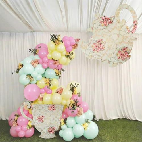 Bucherry Tea Party Decorations Set 2 Pcs Wonderland Teapot Teacup Arch with 135 Pcs Macaron Green Pink Yellow Balloons for Tea Party Birthday Garden Spring Bridal Shower Wedding Entrance Backdrop