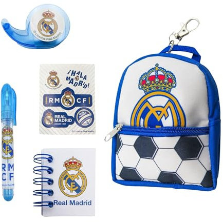 Real Madrid Juego de Papelería Mini, Incluye 1 Boligrafo Mini, Llavero Mochila Mini, Cuaderno Mini, Pegatinas y Cinta Washi Mini, Regalo Set de Papeleria para Niños