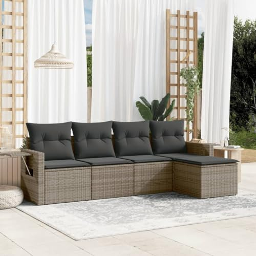 JHQHSM 5-TLG. Garten-Sofagarnitur mit Kissen Grau Poly Rattan, Modulares Design mit Klapptischen und Abnehmbaren Bezügen für Terrasse Dieser 5-teilige Gartensofa-Set in Grau