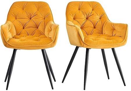 JaHECOME 2er-Set Samt Esszimmerstuhl,Esszimmersessel, Retro-Design,gepolsterter Sitz mit Armlehne, Metallbeine für Restaurant, Esszimmer und Küche (2, gelb)