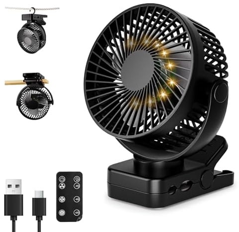 Ventilatore 4 in 1 a Pinza, Batteria 12000 mAh Ricaricabile USB, Portatile con Telecomando, Luce LED, 3 Velocità, Timer, Rotazione 360°, per Tavolo, Auto, Passeggino, Campeggio ed Esterno, Nero