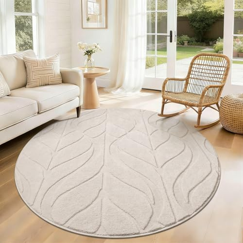 SHACOS Beige Teppich Rund 120 cm, Runder Teppich Wohnzimmer Waschbar Weich | Moderner Runder Wohnzimmerteppich Kurzflor Flauschig, Runde Teppiche für Schlafzimmer, Flur, Kinderzimmer