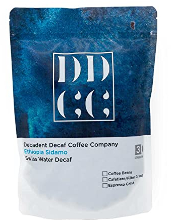 Decaffeinated Ethiopian Ground Coffee 227g - Ethiopia Sidamo - For French Press Cafetiere Filter Drip V60 Aeropress - Decadent Decaf - Swiss Water Decaf - Medium Roast - Strength 3