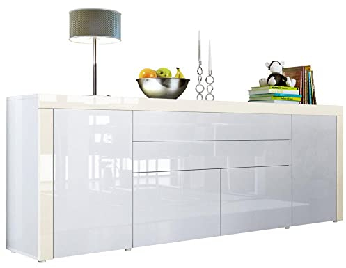 Vladon Sideboard La Paz V2, Made in Germany, Kommode mit 2 Türen, 2 Schubkästen und 2 Klappen, Weiß Hochglanz/Weiß Hochglanz/Creme Hochglanz (200 x 72 x 35 cm)