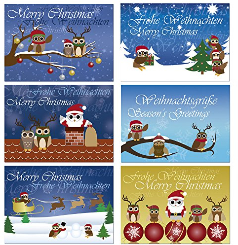 12 Postkarten - Mix Eulen Weihnachten Weihnachtskarten 6 verschiedene Motive je 2 Karten 1907-Mix