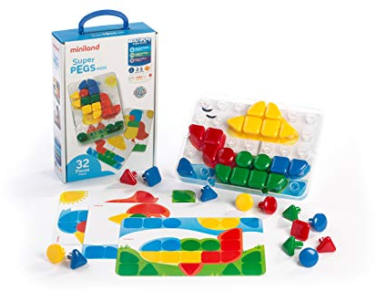 Miniland Educational - Superpegs Mini 32-Primary Colors Pinchos para Pizarra de mosaicos para niños (95083), Color/Modelo Surtido
