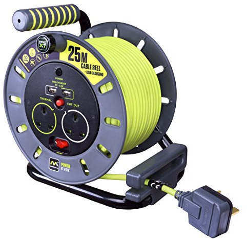 Masterplug OMU25132USL-PX Pro-XT Four Socket Open Cable Reel Extension Lead with Winding Handle and Two USB Charging Ports, Thermal Cut Out and Power Switch, 25 Metres High Visibility Cable, Green