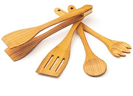 Tuuli Kitchen Set de Utensilios de Cocina Madera de Cerezo (1x Cubiertos para Ensalada, 1x espátula, 1x Pinzas de Barbacoa)