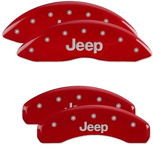 MGP Bremssattelabdeckungen für Jeep Grand Cherokee 2011-21, WK 2022 mit roter Pulverbeschichtung Graviertes silbernes Jeep-Logo, Bremssattelabdeckung vorne und hinten (4 Stück)