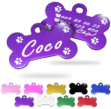 Ibera Gifts - Chapa Perro Grabada en Forma de Hueso, Placa Perro Personalizada para Perros y Gatos Pequeños y Medianos, Tamaño 30 x 20 mm, Chapa Identificativa Perro y Gato (Lila con Patas)