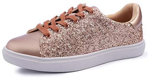 Feversole Women's Featured PU Leather Lace-Up Sneaker,Baskets à Lacets en Cuir PU pour Femme Plaine Or Rose BrillantTaille 36
