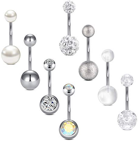 Crdifu 8er Bauchnabelpiercing Silber Set Chirurgenstahl 14G Piercing Bauchnabelpiercing 8/10/12/14mm Stablänge